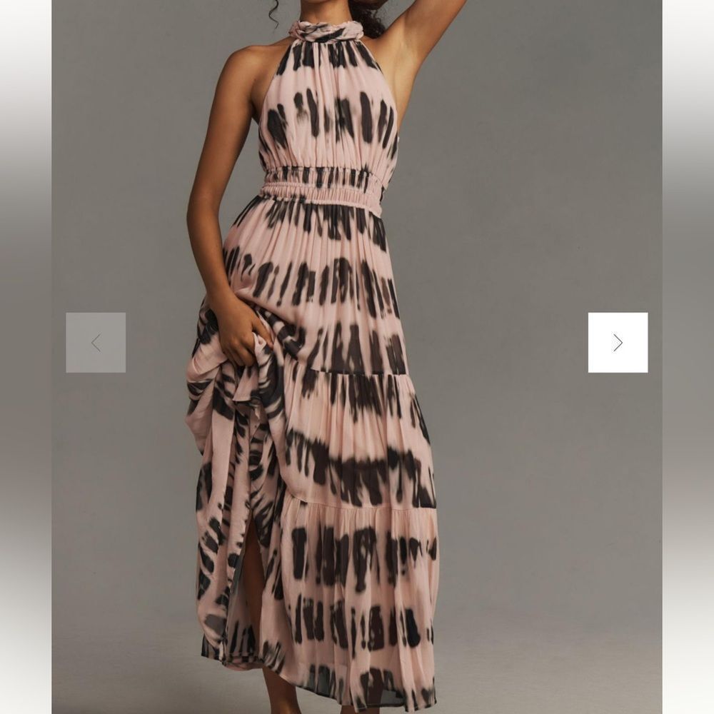 Anthropologie Somerset Maxi Halter Edition Ruffle Chiffon Neutral Motif‎ L Nwt